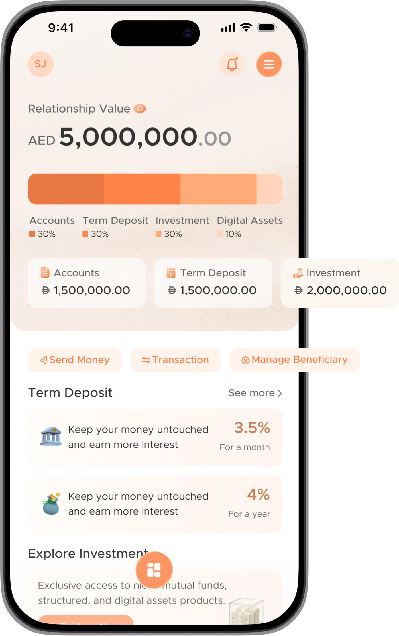 Zand Wealth App relationship value home screen